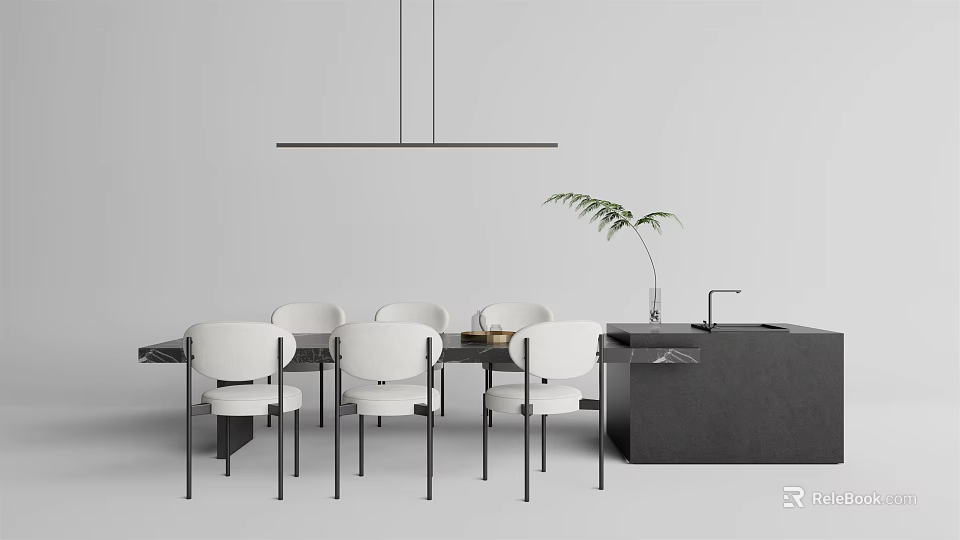 Modern Minimalist Dining Table Set With White Chairs Pendant Light Green Plant And Kitchen Counter 3d model 