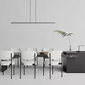 Modern Minimalist Dining Table Set With White Chairs Pendant Light Green Plant And Kitchen Counter