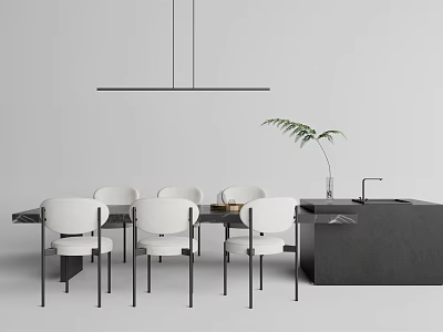 Modern Minimalist Dining Table Set With White Chairs Pendant Light Green Plant And Kitchen Counter 3d model