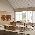 Modern Tea Room With Wooden Long Table Tea Sets Green Plant Shoji Doors And Cabinets