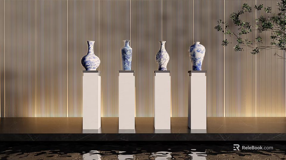Ceramic Vases in Blue and White Design on White Pedestals with Gold Vertical Striped Wall 3d model 
