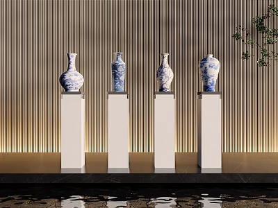 Ceramic Vases in Blue and White Design on White Pedestals with Gold Vertical Striped Wall 3d model