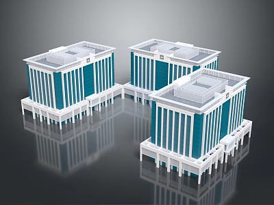 Cartoon Style Blue And White Symmetrical Buildings With White Base And Reflections On Dark Background 3d model