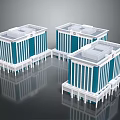 Cartoon Style Blue And White Symmetrical Buildings With White Base And Reflections On Dark Background