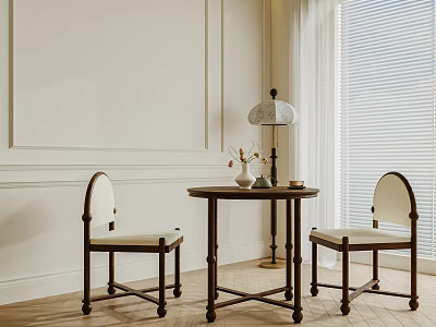 Simple Elegant Interior Corner With Round Wooden Table And Beige Cushioned Chairs 3d model