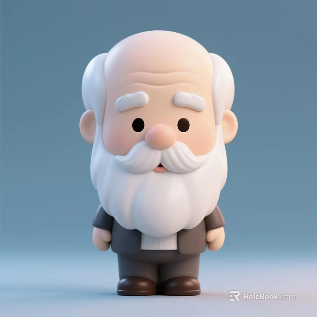 Adorable Old Man Doll with White Beard and Hair and Dark Clothes on Light Blue 3d model 
