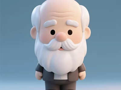 Adorable Old Man Doll with White Beard and Hair and Dark Clothes on Light Blue 3d model