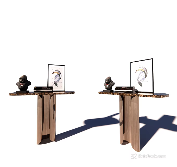 Modern Wooden Console Table With Black Sculpture And Abstract Art Decor 3d model 