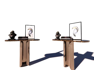 Modern Wooden Console Table With Black Sculpture And Abstract Art Decor 3d model