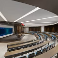 Modern Conference Room Interior With Curved Seating Large Screen Wooden Walls And Recessed Lighting