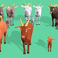 Group of Colorful Goats with Various Sizes and Brown Gray White Fur on Green Background