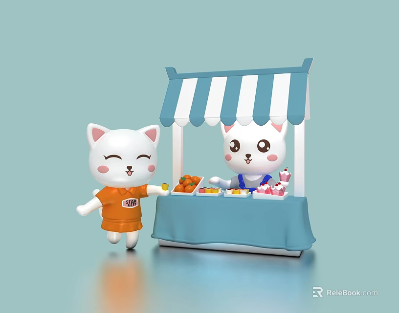 Cute Cartoon Cats At Blue Striped Tent Fruit And Drink Stall 3d model 