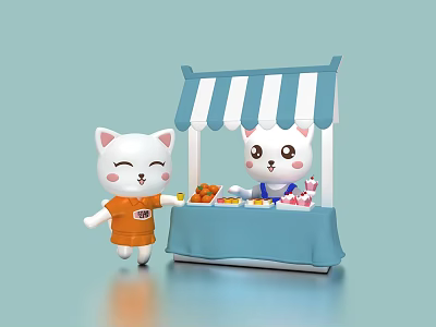 Cute Cartoon Cats At Blue Striped Tent Fruit And Drink Stall 3d model
