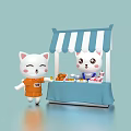 Cute Cartoon Cats At Blue Striped Tent Fruit And Drink Stall