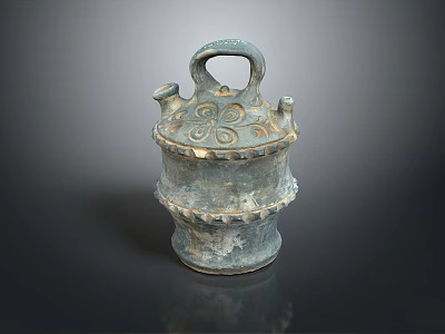 Ancient Bronze Sculptural Vessel with Ornate Patterns Handle and Lid Design 3d model