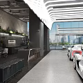 Luxury Car Showroom Showcasing White Ferrari Cars With Modern Interior Sofa Chairs And Ceiling Design
