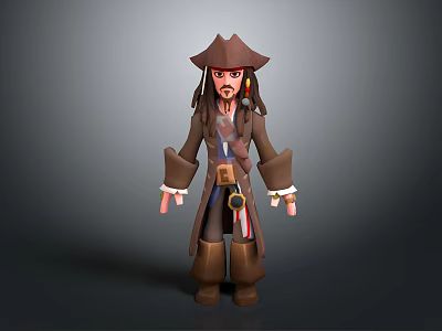3D Pirate Character Model With Hat Long Hair Brown Coat And Boots 3d model