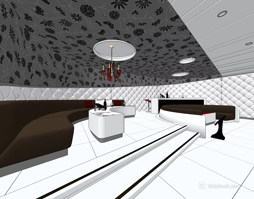 KTV Interior Design With Patterned Ceiling Chandelier Brown Sofas And White Tables 3d model 