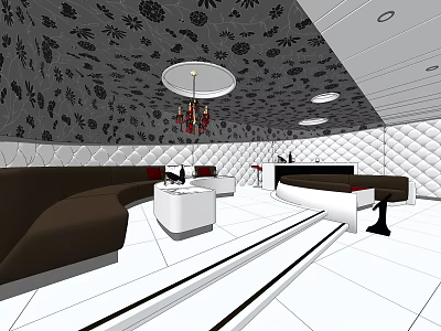 KTV Interior Design With Patterned Ceiling Chandelier Brown Sofas And White Tables 3d model