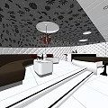 KTV Interior Design With Patterned Ceiling Chandelier Brown Sofas And White Tables 3d model