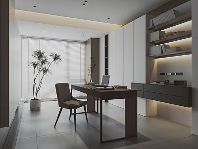 Modern Home Office Interior With Wooden Desk Chair And Floating Bookshelves 3d model