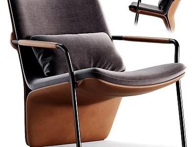 Modern Gray Fabric Cushion And Brown Leather Lounge Chair With Metal Frame And Armrests 3d model