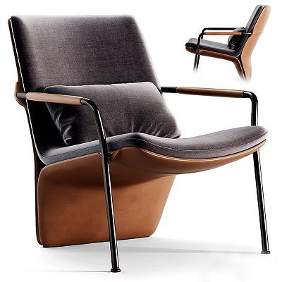 Modern Gray Fabric Cushion And Brown Leather Lounge Chair With Metal Frame And Armrests 3d model