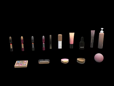 Perfume And Cosmetics Display With Lipsticks Foundation Bottles Eyeshadow Palettes And Blush 3d model