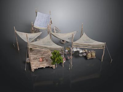 Outdoor Camping Scene With Canvas Tents Wooden Frames Crates And Green Plants 3d model