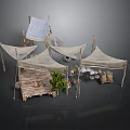 Outdoor Camping Scene With Canvas Tents Wooden Frames Crates And Green Plants