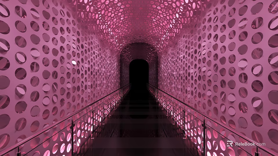 Elegant Modern Elevator Corridor With Pink Perforated Walls Soft Lighting And Handrails 3d model 