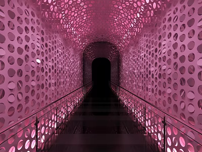 Elegant Modern Elevator Corridor With Pink Perforated Walls Soft Lighting And Handrails 3d model