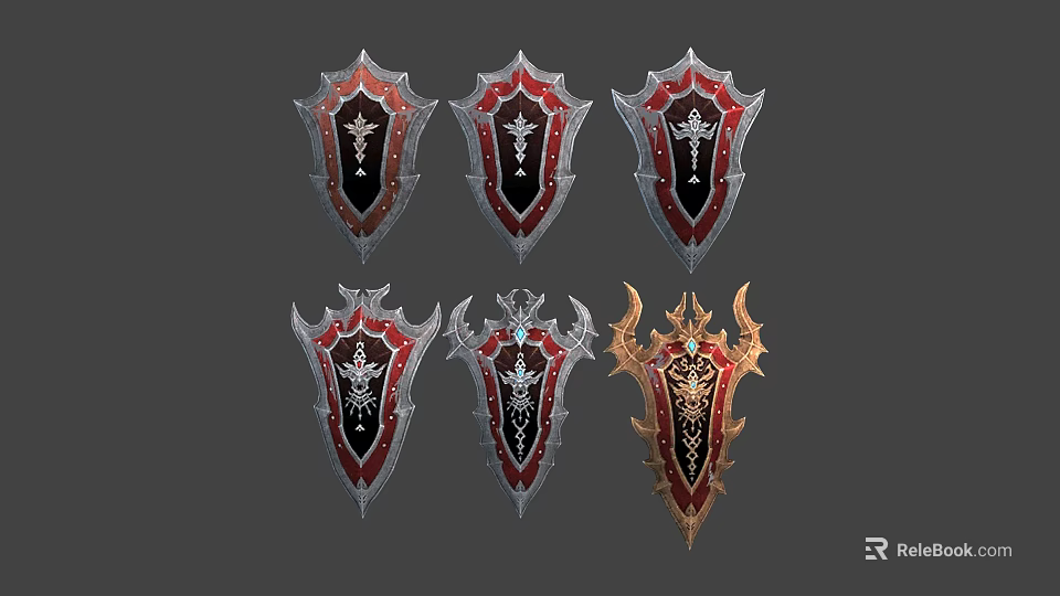 Ornate Shields With Red Black Silver Gold Color Combinations And Decorative Patterns 3d model 