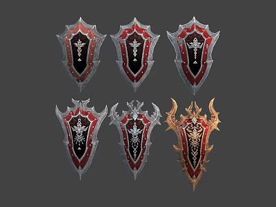 Ornate Shields With Red Black Silver Gold Color Combinations And Decorative Patterns 3d model