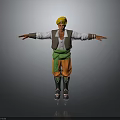 Man With Yellow Turban White Shirt Green Vest Orange Pants Black Boots Arms Outstretched