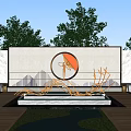Modern Garden Landscape With Reflecting Pool Circular Wall Sculpture And Trees 3d model
