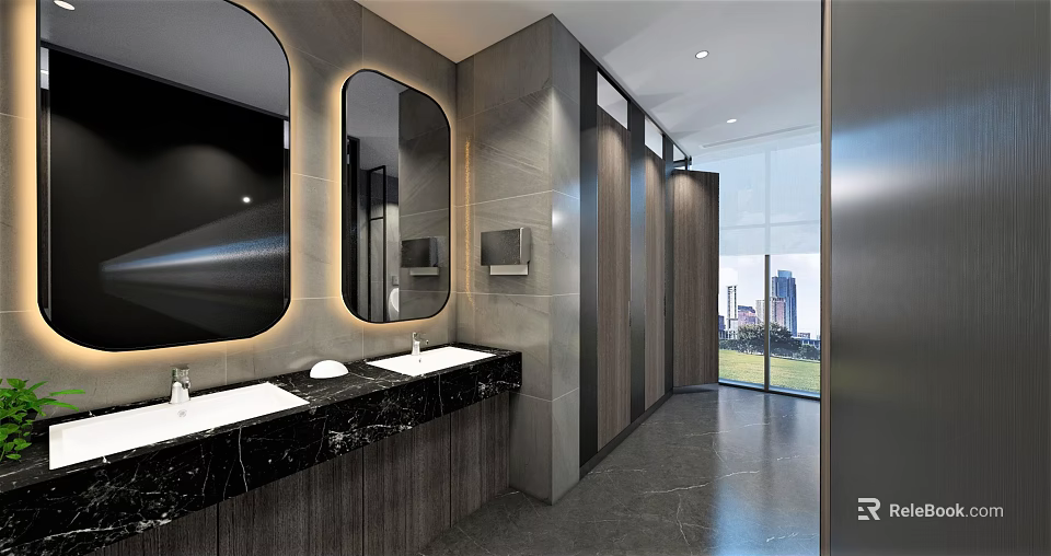Modern Public Restroom With Double Sinks Marble Countertops Wooden Cabinets Glass Partitions And City View 3d model 