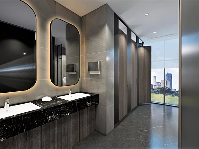 Modern Public Restroom With Double Sinks Marble Countertops Wooden Cabinets Glass Partitions And City View 3d model