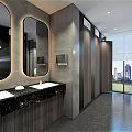 Modern Public Restroom With Double Sinks Marble Countertops Wooden Cabinets Glass Partitions And City View