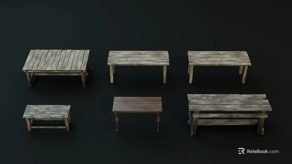 Assorted Vintage Wooden Tables with Various Distressed Finishes and Styles 3d model 