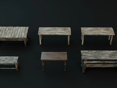 Assorted Vintage Wooden Tables with Various Distressed Finishes and Styles 3d model