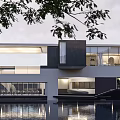 Modern Detached Villa on Water with Curved Glass Structure Surrounded by Trees and Mountain View