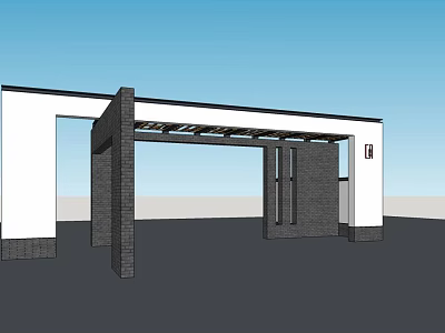 Modern Entrance Gate Design With Brick Columns White Wall And Pergola Structure 3d model