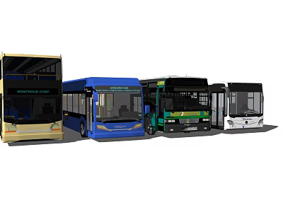 Various Colored Modern City Buses Including Double Decker And Single Decker Models 3d model