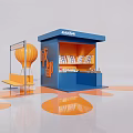 Commercial Equipment Blue Minifun Kiosk With Shelves Boxed Products Orange Hot Air Balloon And Signpost