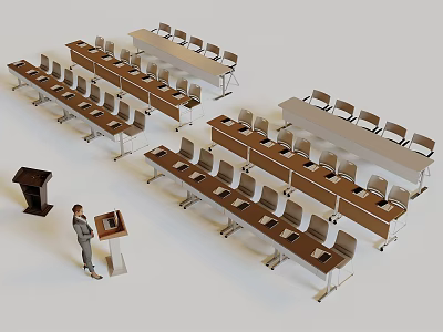 Office Desk Setup With Arranged Long Tables Chairs Podium And Standing Person 3d model