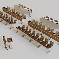 Office Desk Setup With Arranged Long Tables Chairs Podium And Standing Person