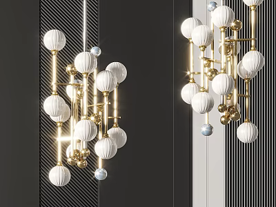 Modern Luxury Chandelier Design With Golden Frame White Spherical Shades And Decorative Balls 3d model