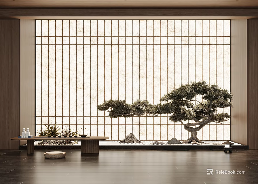 Zen Tea Room Interior With Grid Window Pine Tree Long Table Small Plants And Stones 3d model