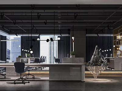 Modern Open Office Interior With Hanging Lights Desks Chairs Bookshelf Marble Countertop And City View 3d model